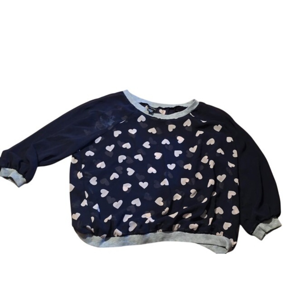 Rue 21 Vintage Deadstock Navy Blue Heart Print Blouse Sleeve Top L